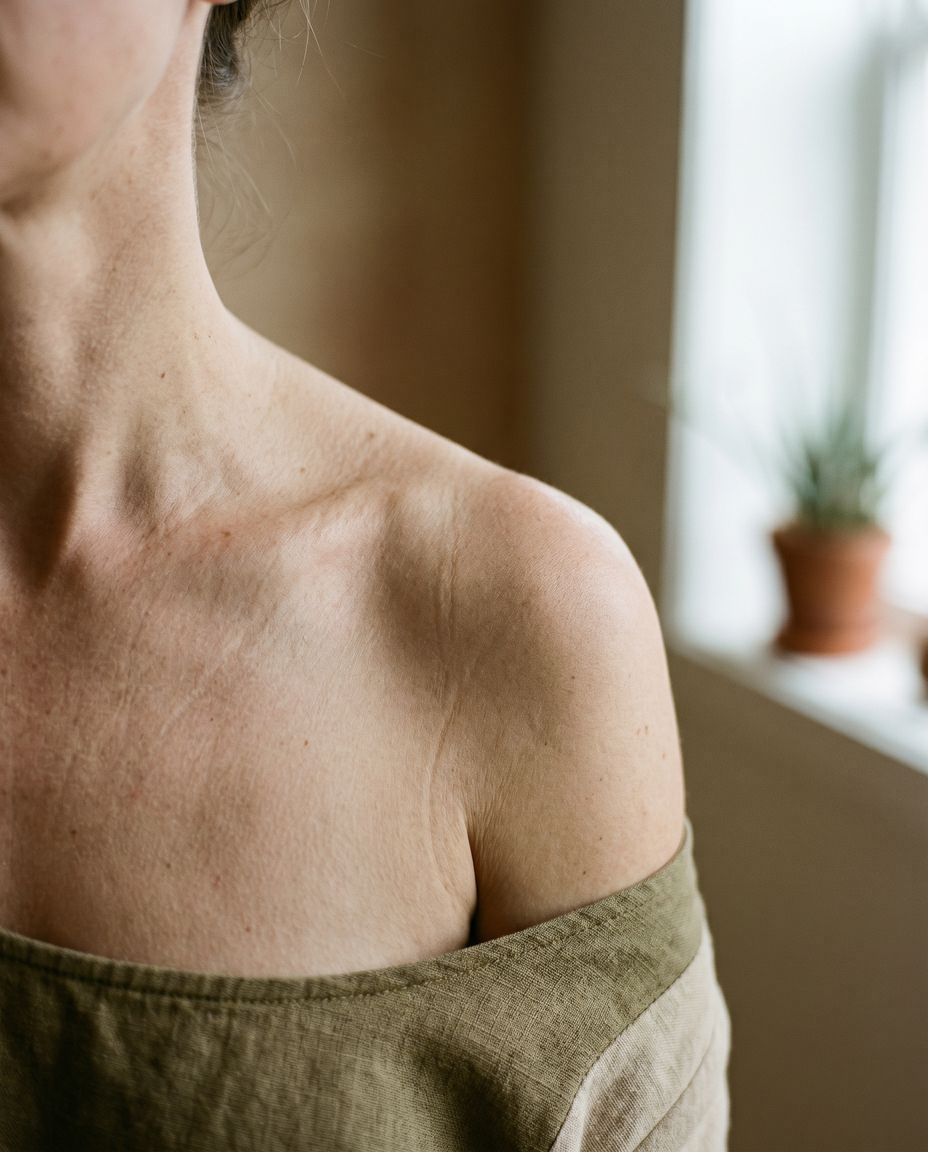Smooth, healthy, natural skin on the neck and shoulder after treatment