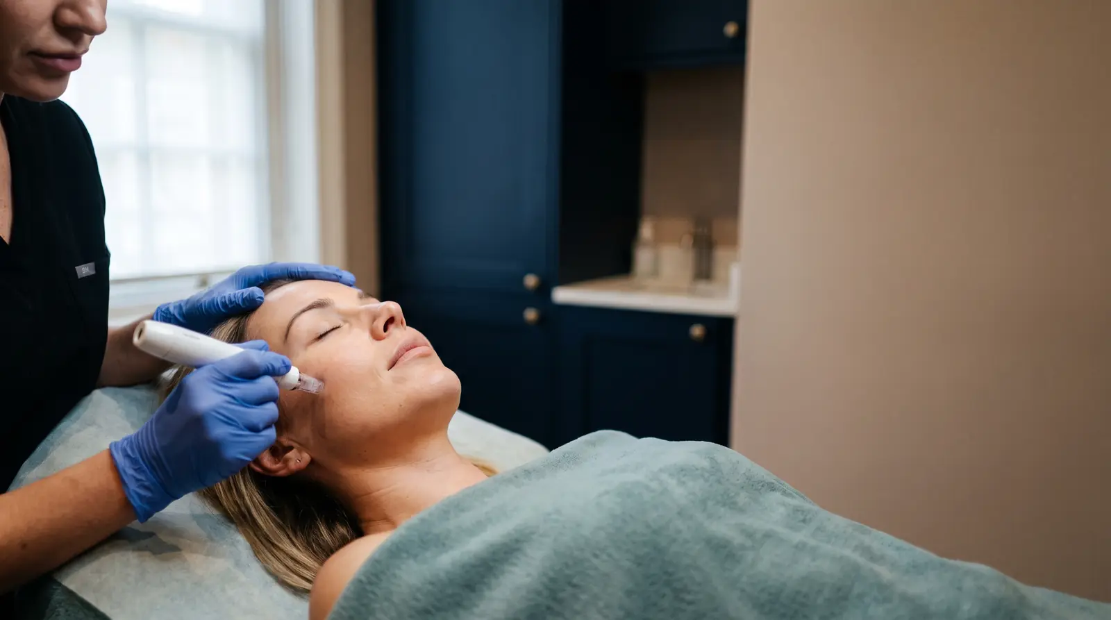 A practitioner performing a microneedling treatment