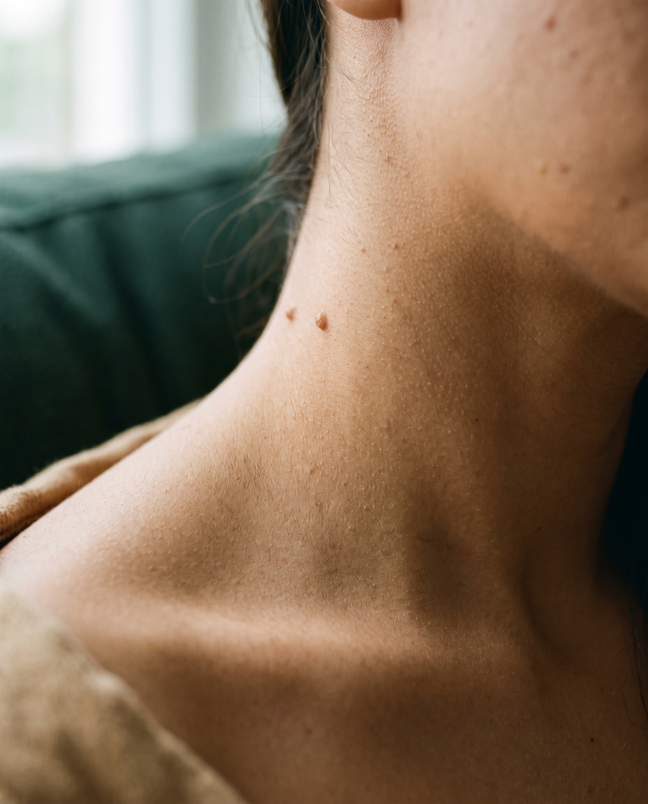 Close-up of natural skin on the neck with a small skin tag