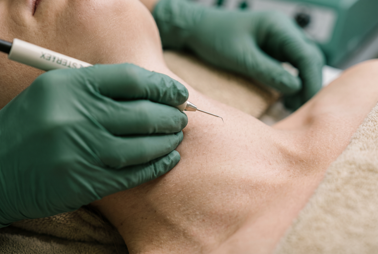 A practitioner performing precise ACP electrolysis with a fine probe